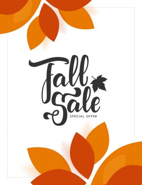 Sonbahar Satılık el yazısı ve beyaz arka plan üzerinde renkli yaprakları ile Sonbahar teklif afiş