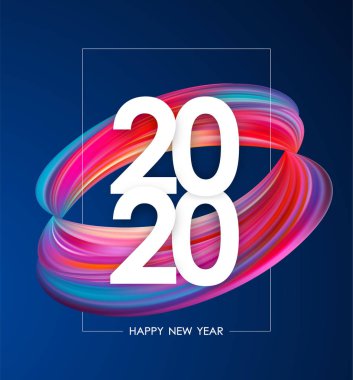 Mutlu Yıllar 2020. Renkli soyut bükülmüş boya şekli ile tebrik posteri. Modaya uygun tasarım