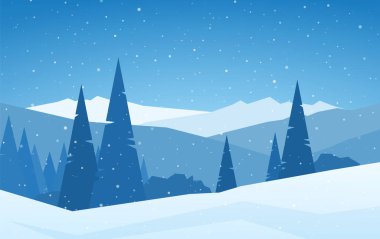 Kış Noel karlı sakin Dağlar manzara çam, tepeler ve kar taneleri ile.