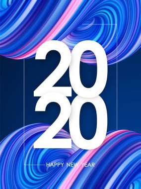 Mutlu Yıllar 2020. Mavi arka plan üzerinde renkli soyut sıvı bükülmüş şekli ile tebrik posteri.