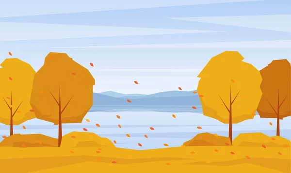 Paysage automnal avec lac, arbres et feuilles d'automne — Image vectorielle