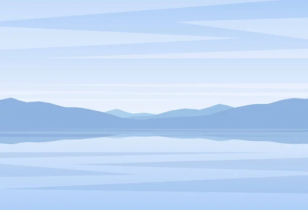 Paysage bleu calme avec lac ou baie et montagnes à l'horizon — Image vectorielle