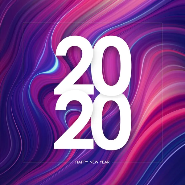 Happy New Year 2020. Greeting poster with colorful abstract twisted paint background. Trendy design