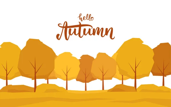 Outono Fundo com árvores e letras manuscritas Hello Autumn . — Vetor de Stock