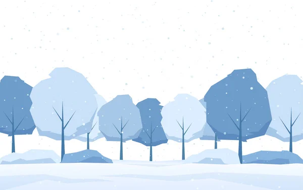 Winer φόντο με χιονισμένα δέντρα και χιονονιφάδες. — Διανυσματικό Αρχείο