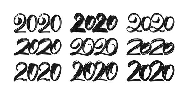 Conjunto de letras texturizadas à mão de 2020. Feliz Ano Novo. Caligrafia de queixo —  Vetores de Stock