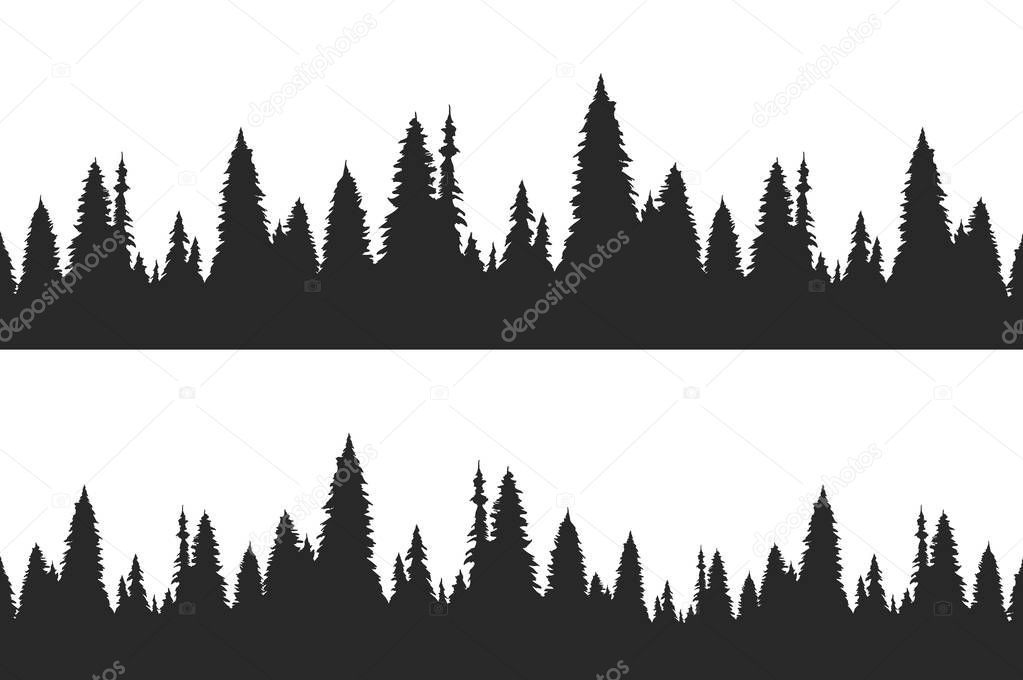 Set of two seamless hand drawn pine forest. Christmas banner template.