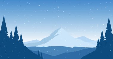 Vektör illüstrasyon: Çam, tepeler ve kar taneleri ile Kış düz Dağlar manzara