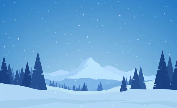 Ilustración vectorial: Invierno nevado tranquilo Montañas paisaje con pinos, colinas y copos de nieve — Archivo Imágenes Vectoriales