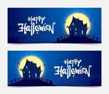 Vektör illüstrasyon: elle çizilmiş perili ev ve Mutlu Cadılar Bayramı yazı ile Iki Parti afiş.