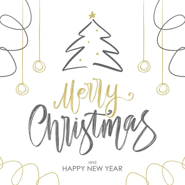 Handwritten golden brush lettering of Merry Christmas with Christmas tree and decoration on white background. Stock Vector