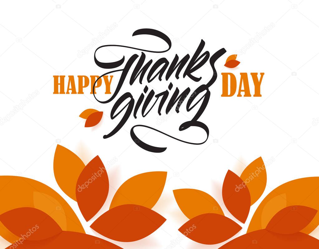 Vector greeting card with calligraphic brush lettering composition of Happy Thanksgiving Day with fall leaves.