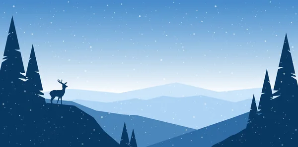 Vektor-Illustration: Flache Wintergebirgslandschaft mit Hügeln, Kiefern und der Silhouette von Hirschen. — Stockvektor