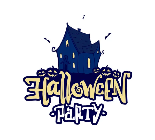 Ilustración vectorial: Casa encantada dibujada a mano y letras de Halloween Party sobre fondo blanco . — Vector de stock