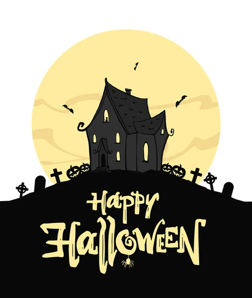 Šťastné Halloweenské písmo s siluetou domu a dýně na pozadí měsíce. — Stockový vektor