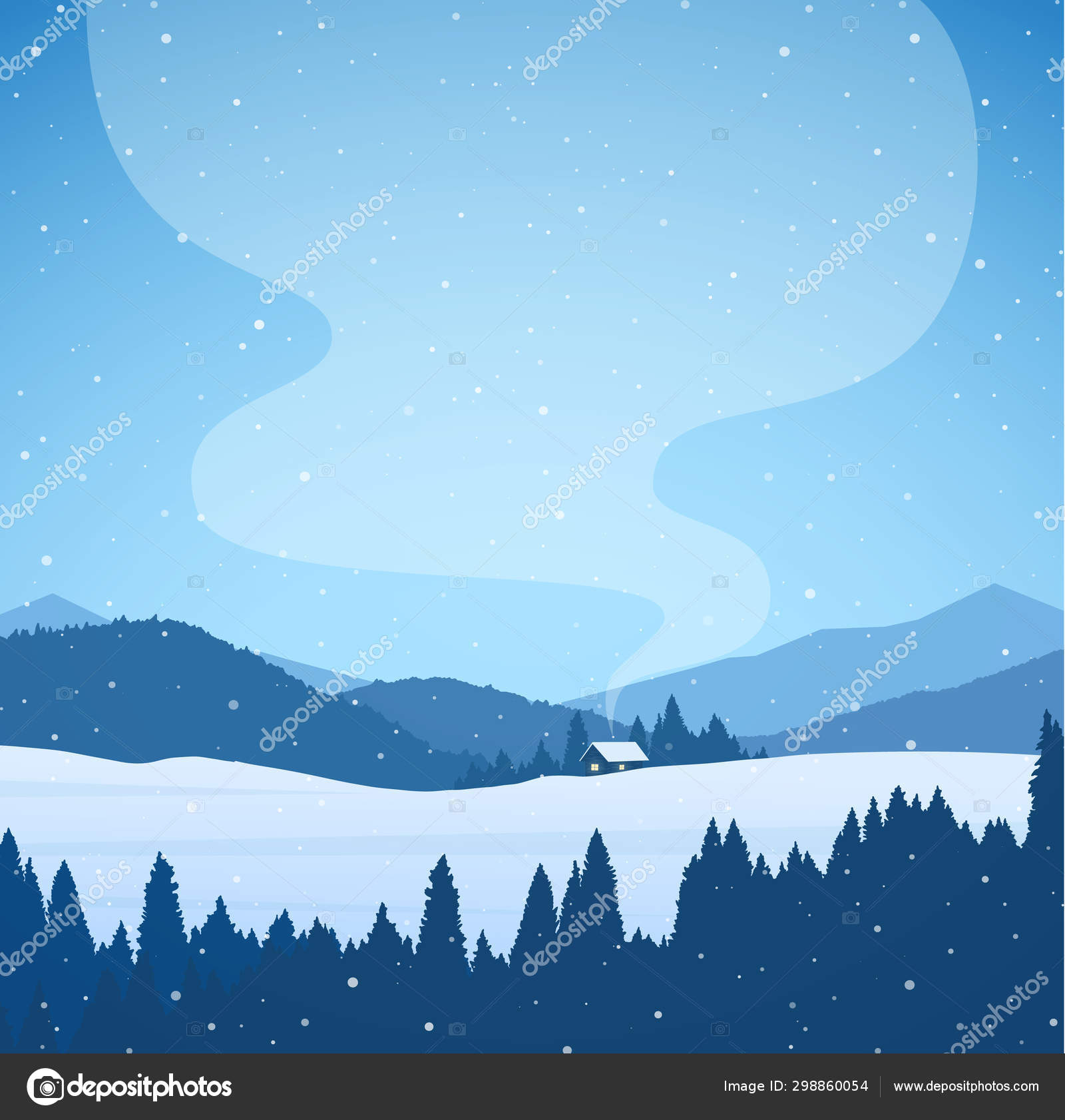 Vector illustration: Winter cartoon snowy mountains landscape with forest,  house and smoke from chimney Stock Vector Image by  ©.com #298860054