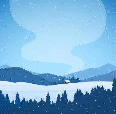 Vektör illüstrasyon: Kış karikatür orman, ev ve baca duman ile karlı dağlar manzara