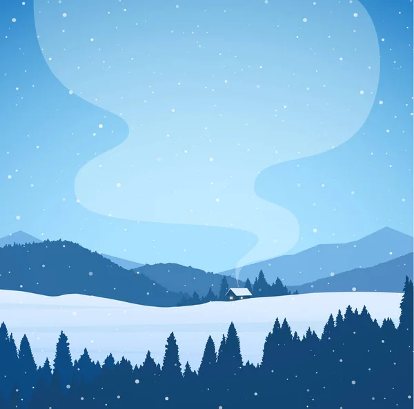 Vektor-Illustration: Winter Cartoon verschneite Berglandschaft mit Wald, Haus und Rauch aus dem Schornstein — Stockvektor