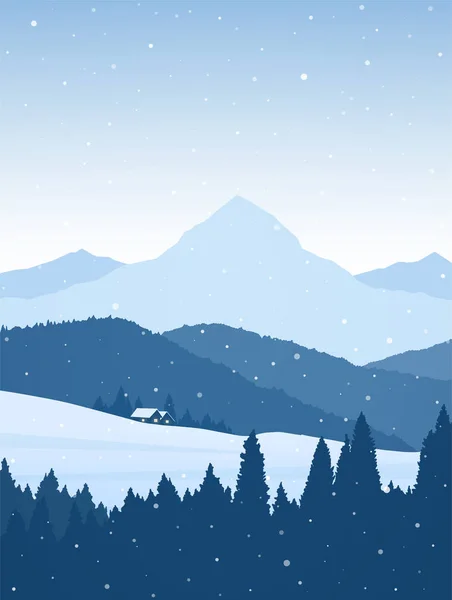 Vektorová ilustrace: Zimní vertikální zasněžené pohoří se dvěma domy, lesy, kopci a vrcholy — Stockový vektor