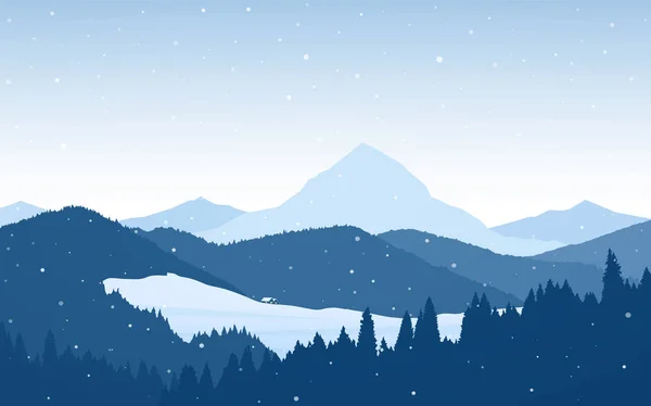 벡터 일러스트레이션: 두 집, 숲, 언덕, 봉우리가 있는 겨울 눈 덮인 산풍경 — 스톡 벡터