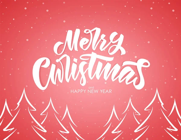 Tarjeta de felicitación de invierno con letras manuscritas de tipo Feliz Navidad y bosque de pino dibujado a mano sobre fondo rojo . — Vector de stock