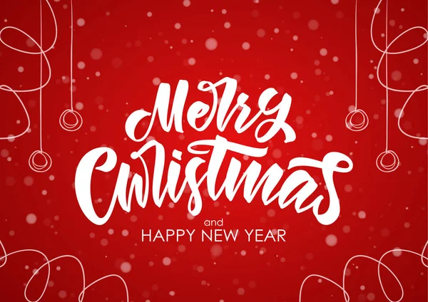 Buon Natale e felice anno nuovo. Lettere scritte a mano con decorazione disegnata a mano su sfondo rosso fiocco di neve . — Vettoriale Stock