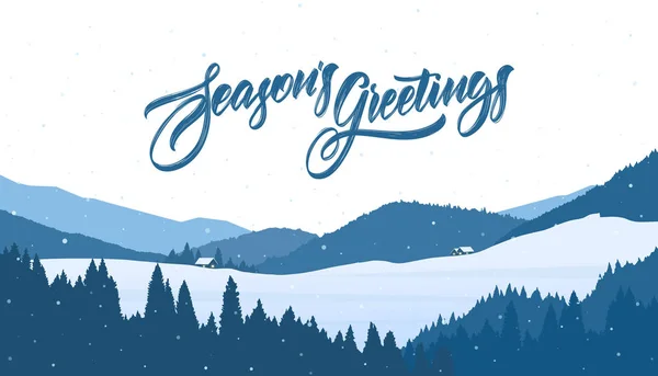 Vettoriale Inverno innevato montagne paesaggio natalizio con case dei cartoni animati e scritte a mano di auguri di stagione — Vettoriale Stock