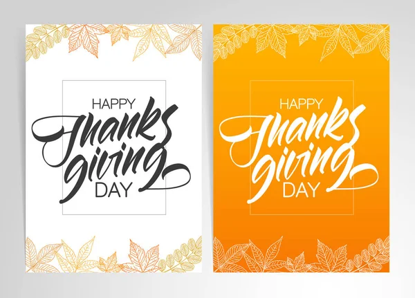 Vektör illüstrasyon: Happy Thanksgivinf Günü el yazısı ile iki sonbahar tebrik posterleri