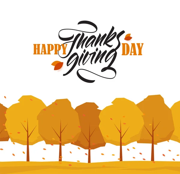 Cartão de saudação com árvores, folhas caem e letras manuscritas do Dia de Ação de Graças Feliz —  Vetores de Stock