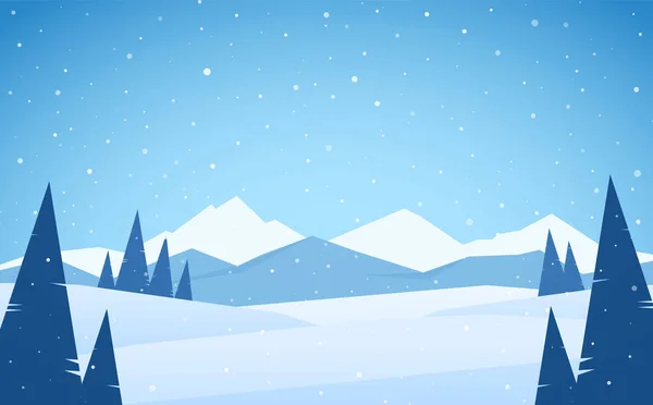 Vektor-Illustration: winterlich verschneite Berglandschaft mit Kiefern, Hügeln und Gipfeln — Stockvektor