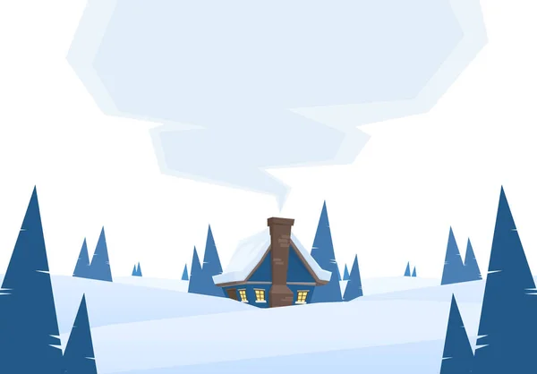 Vector illustratie: winter besneeuwde cartoon landschap met huis en rook van schoorsteen op witte achtergrond. — Stockvector