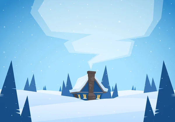 Vektor Illustration: Winter verschneite Cartoon-Landschaft mit Haus und Rauch aus dem Schornstein. Frohe Weihnachten. — Stockvektor