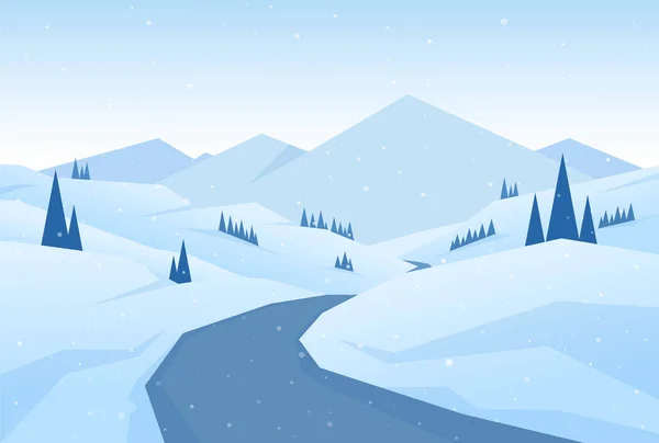 Απεικόνιση διάνυσμα: χειμερινά Χριστουγεννιάτικα χιονισμένα βουνά τοπίο με δρόμο, πεύκα και λόφους — Διανυσματικό Αρχείο