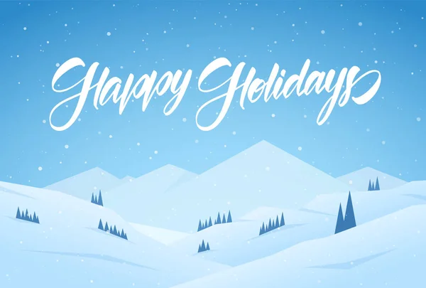 Ilustración vectorial. Montañas azules invierno paisaje nevado con letras manuscritas de Felices Fiestas . — Vector de stock
