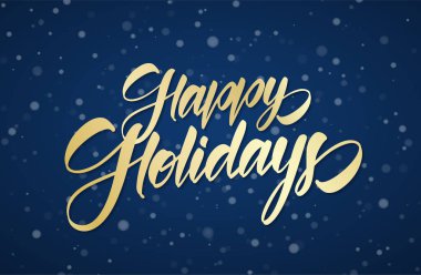Kar taneleri ile kış karlı gökyüzü arka plan Happy Holidays Altın el yazısı kaligrafik fırça yazı