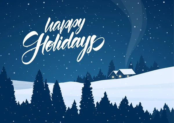 Illustration vectorielle : Paysage de Noël enneigé d'hiver avec maisons de dessin animé et lettrage manuscrit de Joyeuses Fêtes — Image vectorielle