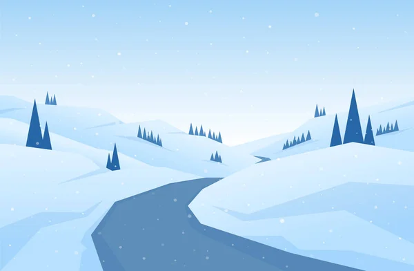 Inverno nevado planície cartoon montanhas paisagem com estrada, colinas e pinheiros. Fundo de Natal . — Vetor de Stock