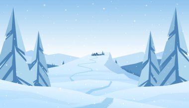 Karikatür eve yol ile kış karlı dağlar noel manzara