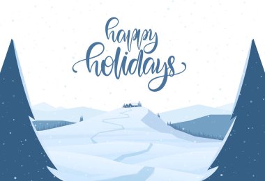 Karikatür ev ve Mutlu Tatiller el yazısı yazıya yol ile Kış dağları noel manzara