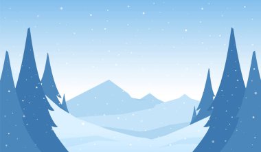 Vektör karlı kış dağları ön planda tepeler ve çamlar ile karikatür manzara.