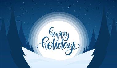 Vektör tebrik kartı. Mutlu Tatiller, gece gökyüzü ve çam el yazısı ile Karlı Noel arka plan.