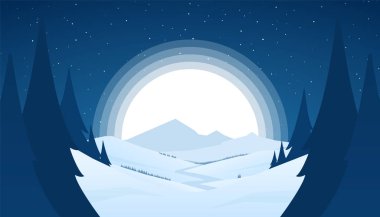Vektör gece karlı kış dağları manzara tepeler, nehir veya yol ve aptal ay ile.