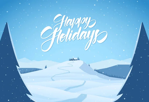 Havas hegyek karácsonyi táj útját rajzfilm ház és kézzel írott betűkkel a Happy Holidays — Stock Vector