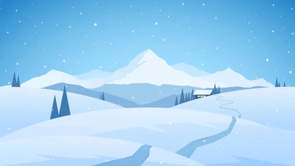 Invierno nevado montañas paisaje plano con camino a la casa de dibujos animados. Fondo de Navidad — Vector de stock