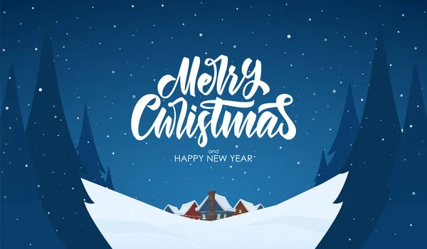 矢量贺卡。雪景背景与圣诞快乐，夜村和松树的手字母. — 图库矢量图片