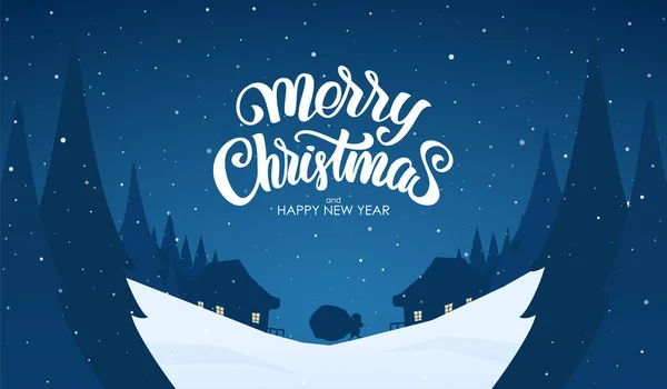 矢量贺卡。雪景背景与圣诞快乐，圣诞老人和夜村的手信. — 图库矢量图片