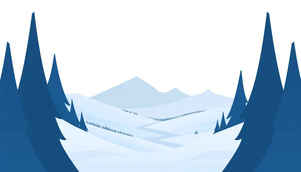 Winter verschneiten Bergen Szene mit Hügeln und Kiefern im Vordergrund. Flache Cartoon-Landschaft — Stockvektor