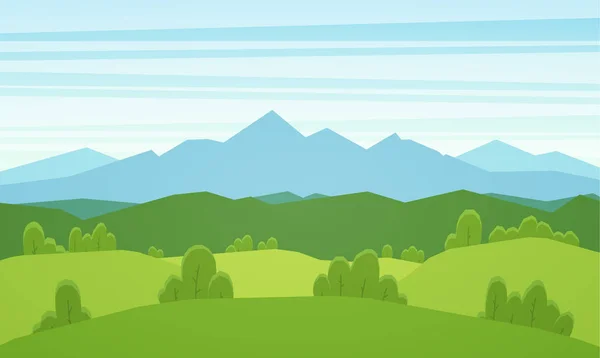 Κινούμενα σχέδια βουνά επίπεδο καλοκαιρινό τοπίο με πράσινους λόφους — Διανυσματικό Αρχείο