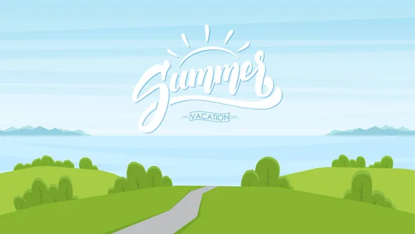 Cartoon road landscape with handwritten lettering of Summer Vacation.