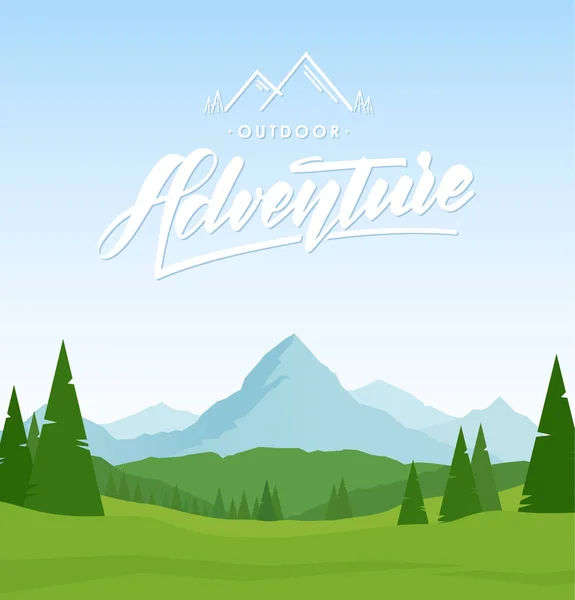 Macera ve ön planda çam el yazısı ile Dağlar manzara.